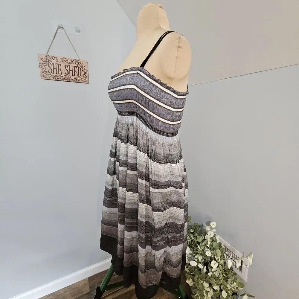 Max Studio Dress Womens Small Striped Boho Smocked Midi Black Gray Beach Coastal